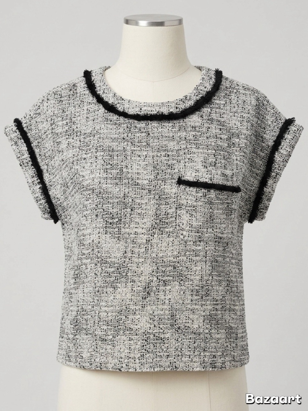 LOFT Black & White Tweed Cap Sleeve Top Textured Pocket Blouse Size Medium